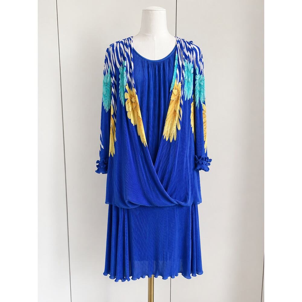 VTG 90s Virginie Paris Dress Floral Print Micro Print Blue Size XL Midi